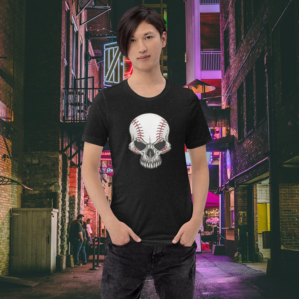 Male model posing in Skull Pitch Unisex T-Shirt with alley backdrop