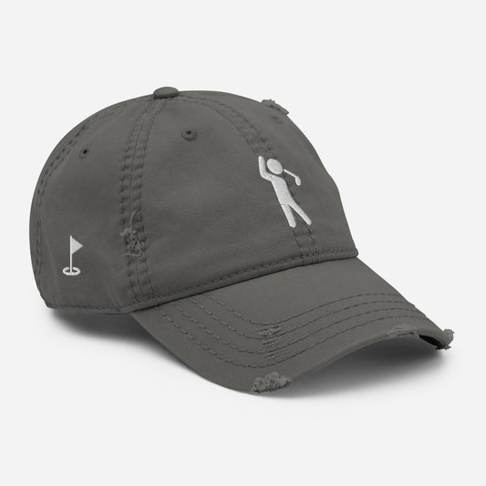 Gray distressed golf hat with a white embroidered golfer silhouette on the front-right side.