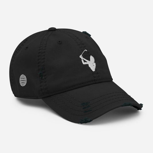 Black Distressed Golf Embroidered Hat Angled Front View