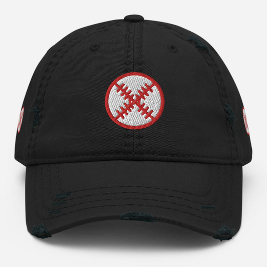 Close-up of a baseball cap with intricate baseball stitching embroidery on the front panel.