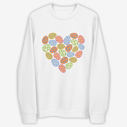 Frontal shot of a white sweatshirt featuring a heart of colorful Easter eggs.