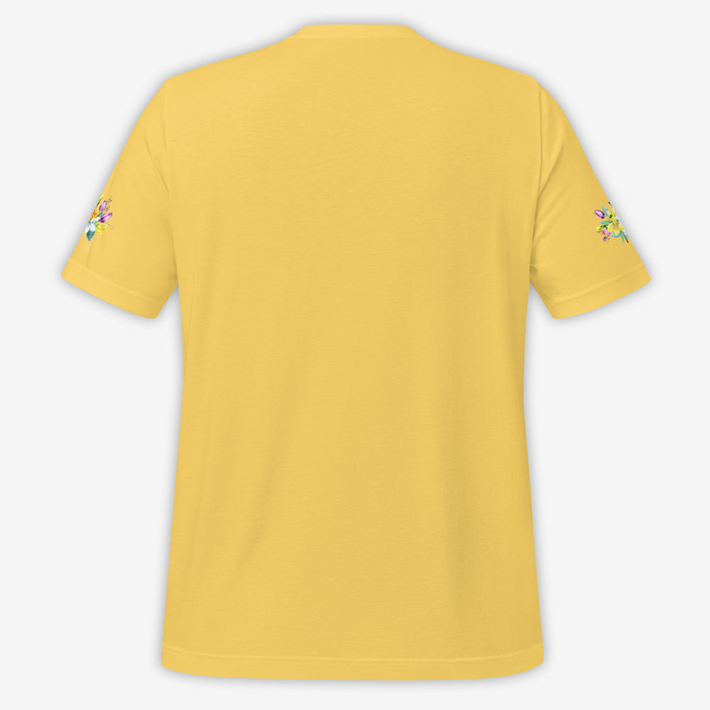 Yellow Unisex T-Shirt with Small Floral Design on Sleeve – Back View