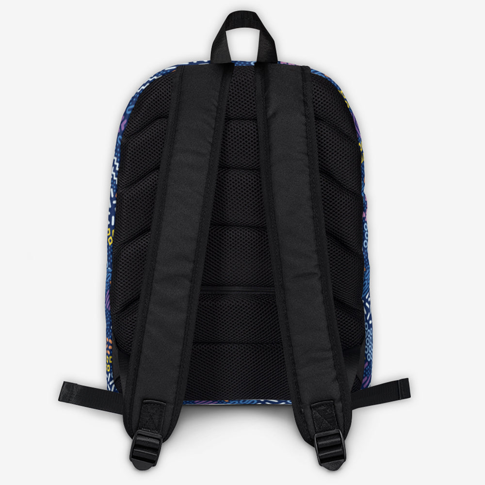 Rear view of a backpack with a vibrant geometric patterned edge, featuring breathable mesh on the adjustable straps for comfort.