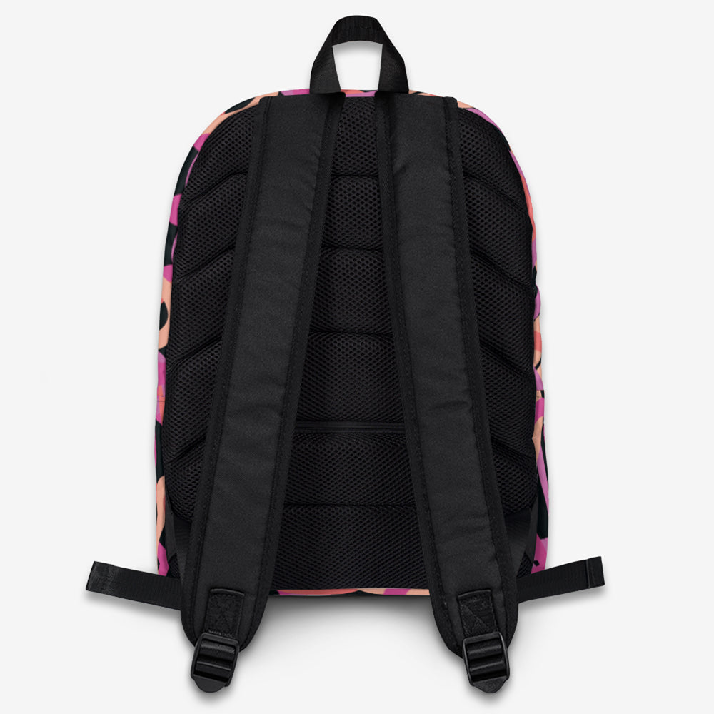 Ergonomic back straps on abstract heartline patterned backpack