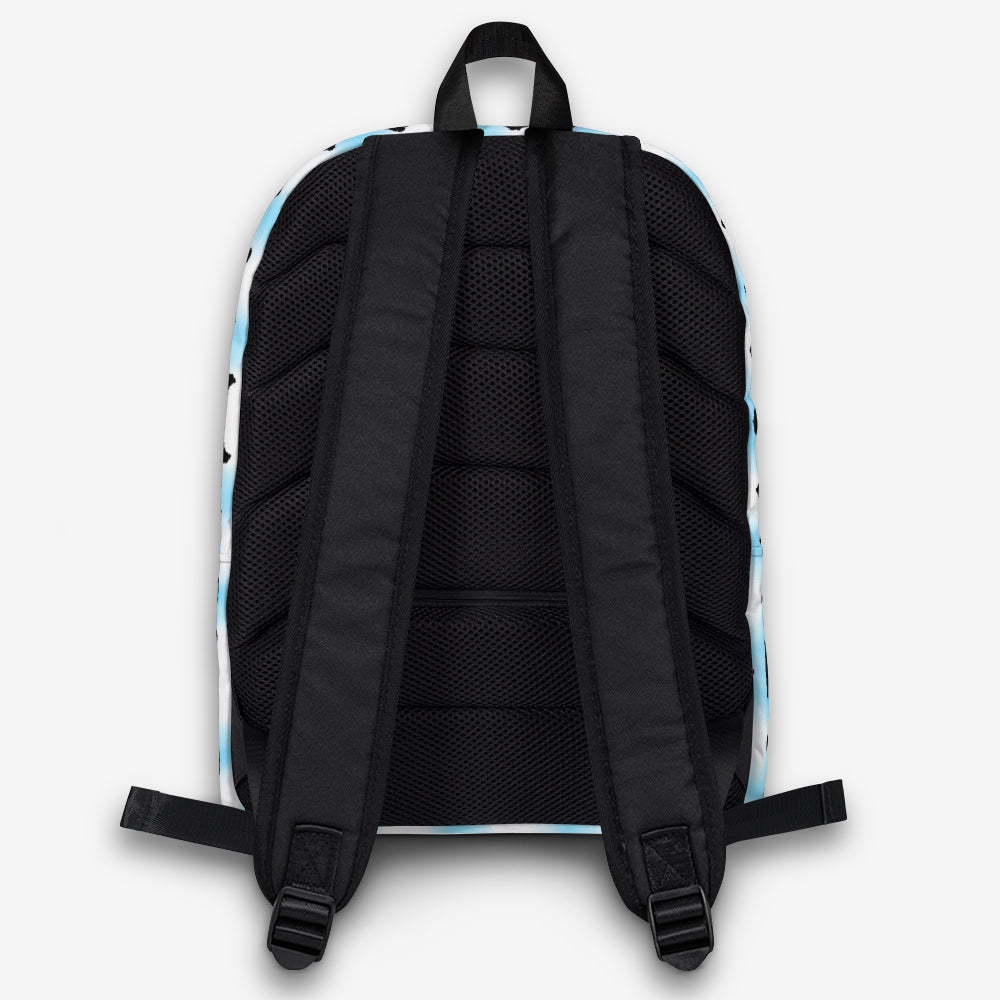 Back view of a stylish backpack with a unique black and blue brushstroke pattern on a white background, featuring breathable mesh straps and a reinforced base.