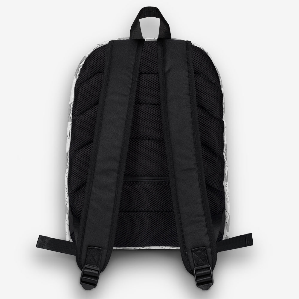 Rear view of a backpack with black straps and a black-and-white geometric pattern on the edges.