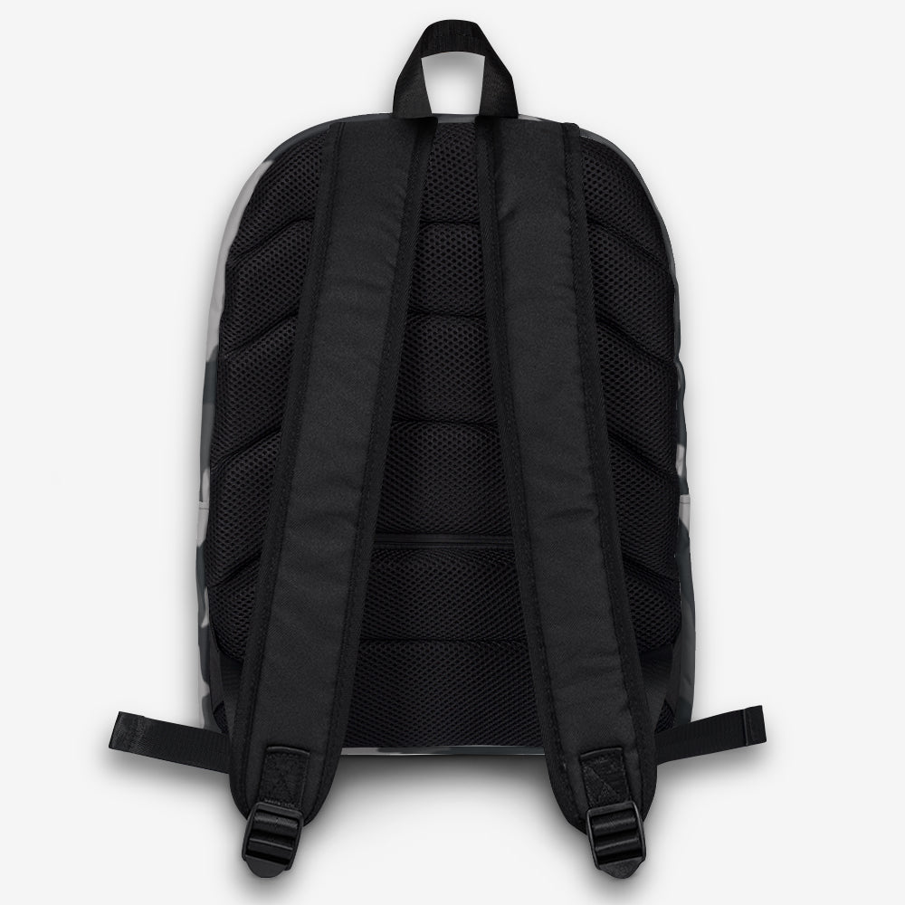 Ergonomic back view of a gray and black camouflage all-over print backpack with adjustable mesh padded straps.