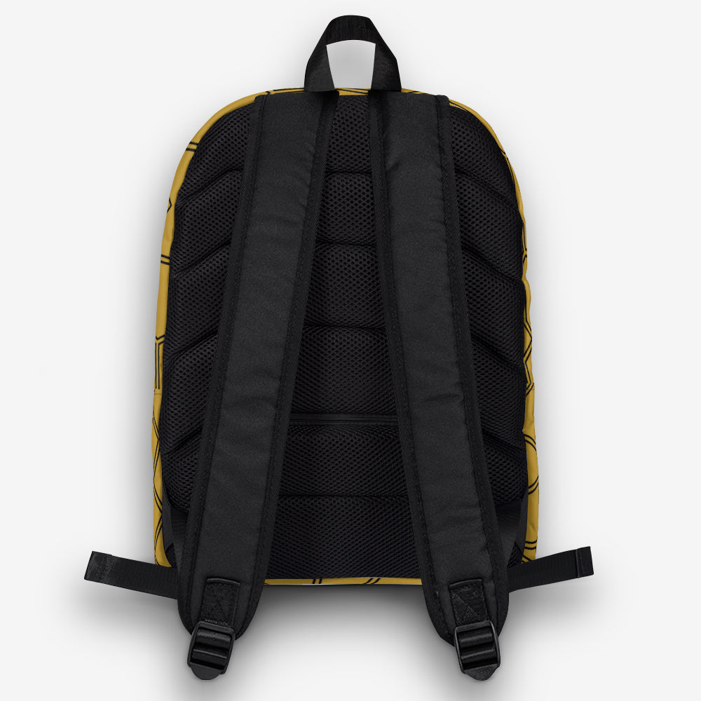 Back view of a yellow honeycomb pattern backpack with black mesh padding on the straps.