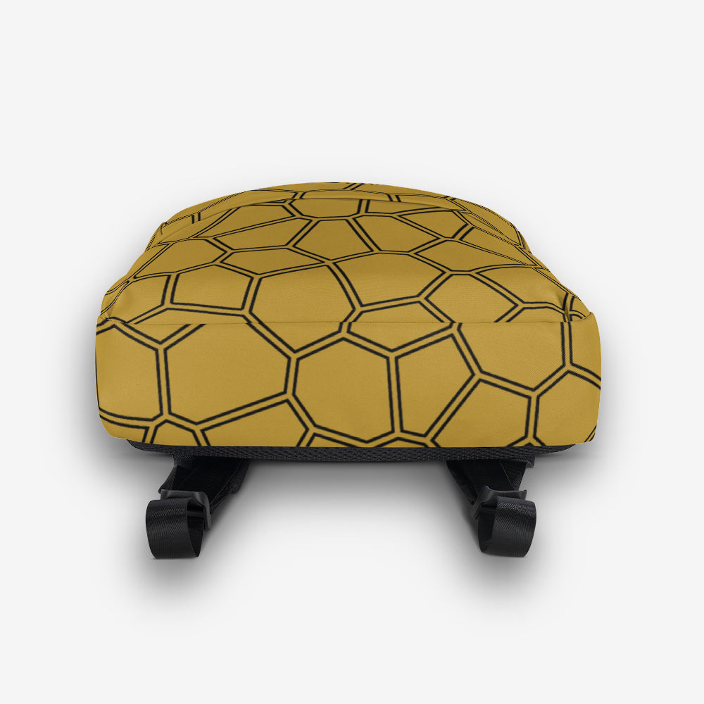 Bottom view of a yellow honeycomb pattern backpack with a durable black base and fabric details.