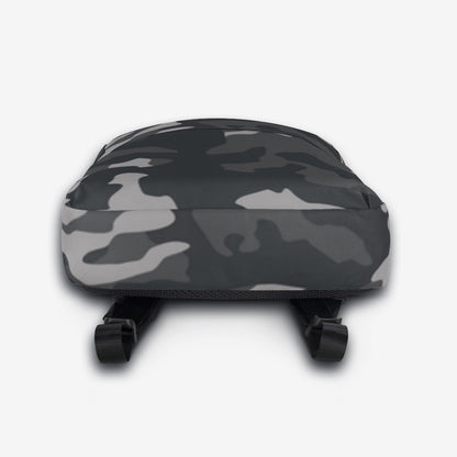 Durable bottom view of a gray and black camouflage all-over print backpack showcasing its sturdy base.