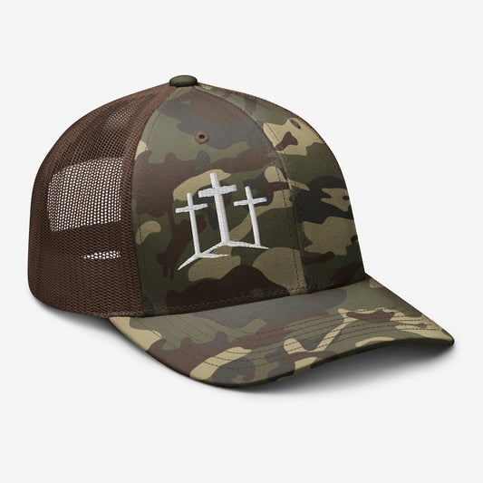 Three-quarter view of camouflage snapback hat with brown mesh detailing.