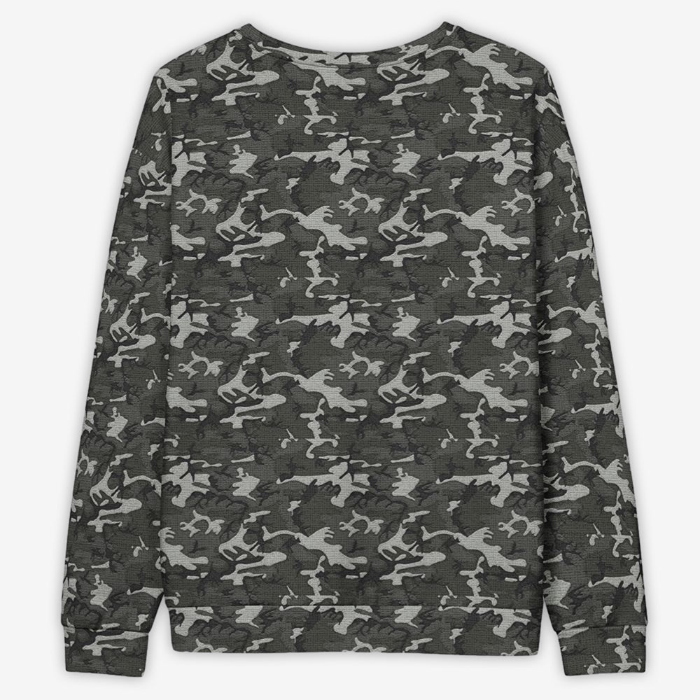 Back view of a unisex camouflage sweatshirt on a white background