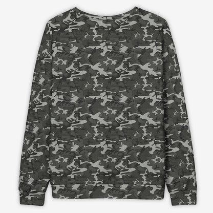 Back view of a unisex camouflage sweatshirt on a white background