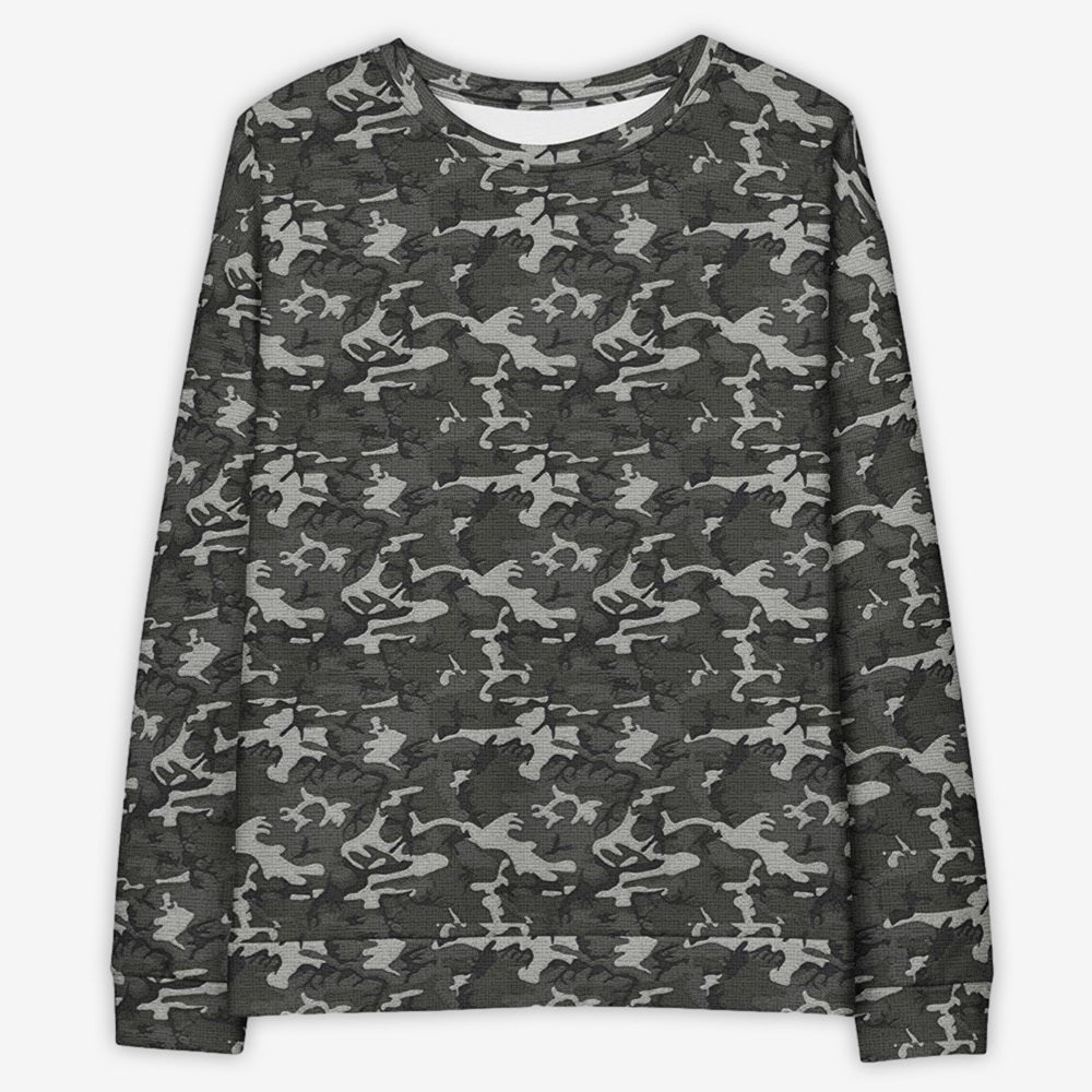 Front view of a unisex camouflage sweatshirt on a white background