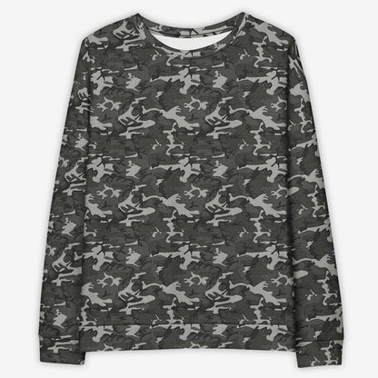 Front view of a unisex camouflage sweatshirt on a white background