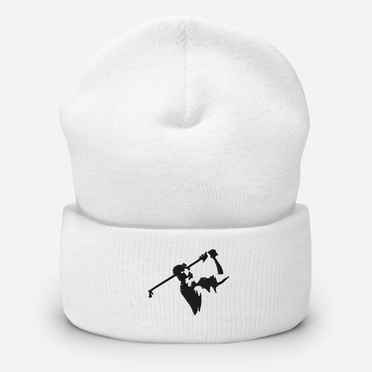 Pure white cuffed beanie with black golf swing embroidery, stylish and warm.