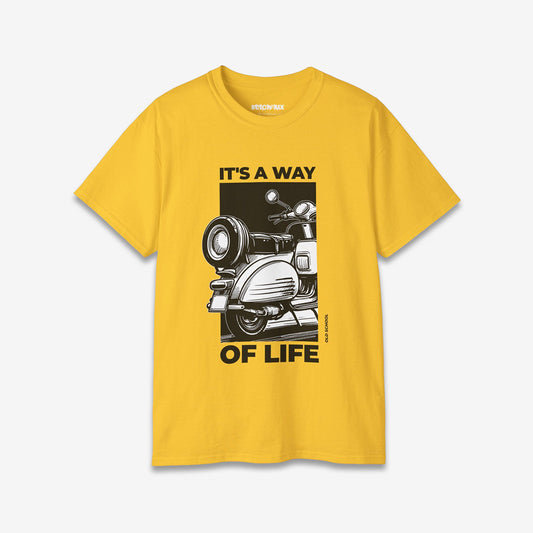 Bright yellow unisex t-shirt with a vintage scooter and 'It's A Way Of Life' print.