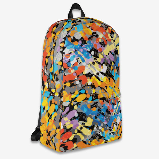 Unisex backpack with vibrant splatter art print front right view