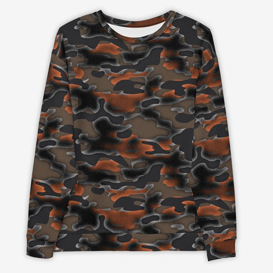 Flat lay of a unisex camouflage sweatshirt with a unique fiery pattern