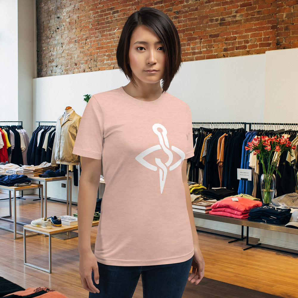 Female model wearing the Nautical Anchor Unisex Tee in a stylish boutique setting.