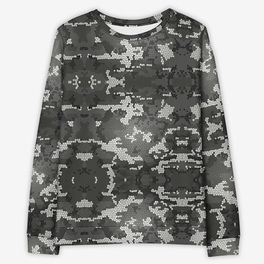 Flat lay of a unisex sweatshirt with grayscale pixel camo design