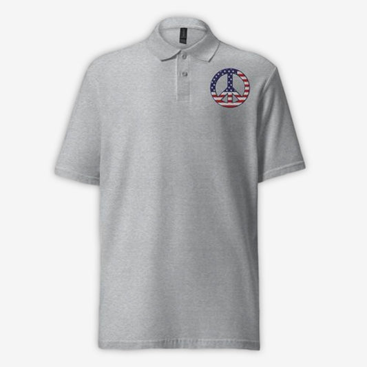 Unisex grey polo shirt with a U.S. flag peace sign emblem on the chest