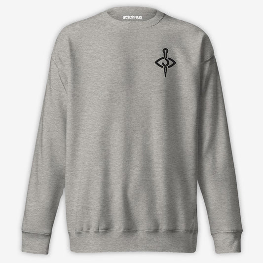 Heather grey sweatshirt with black needle and thread icon, front view