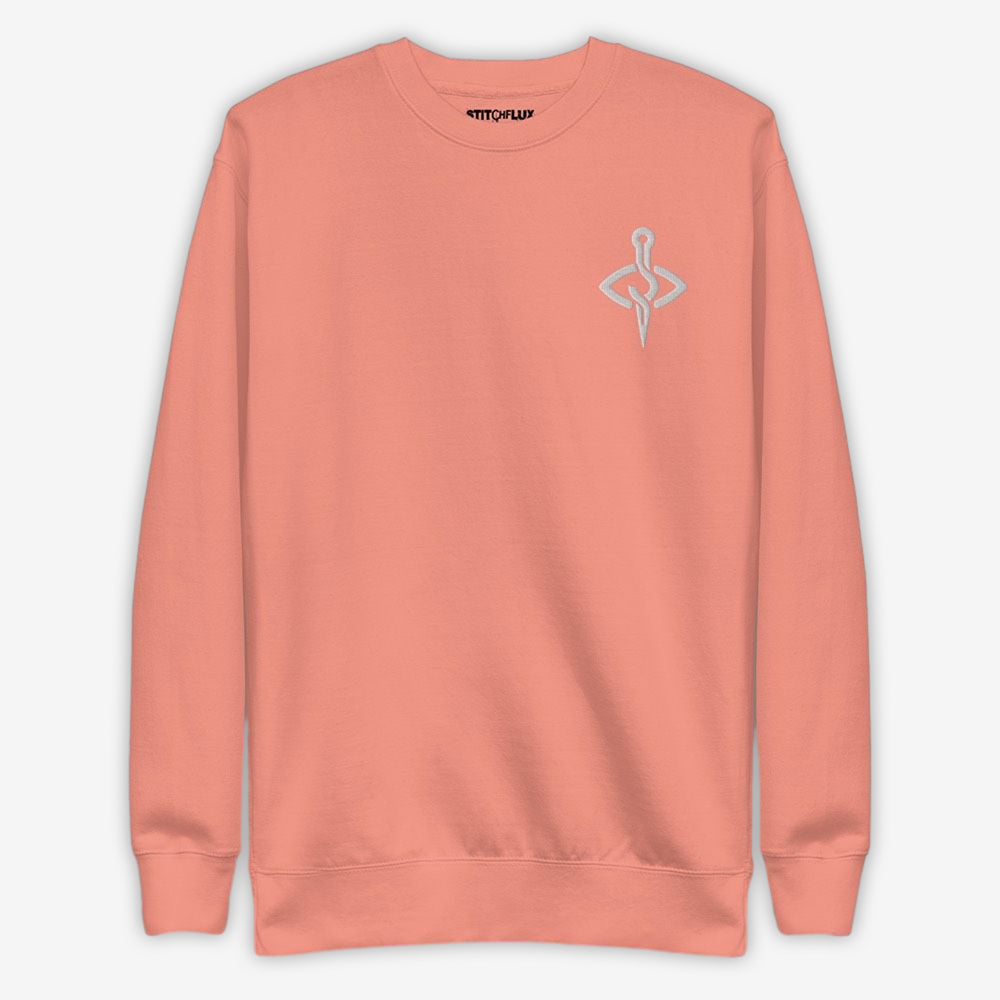 Full front view of dusty rose sweatshirt with tailor's craft emblem