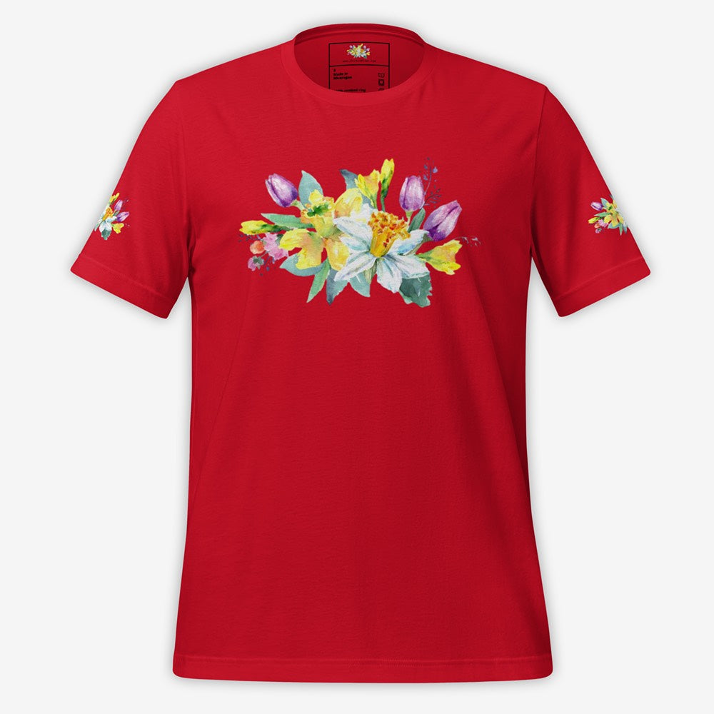 Vivid Red Unisex T-Shirt with Large Central Floral Print – Front View