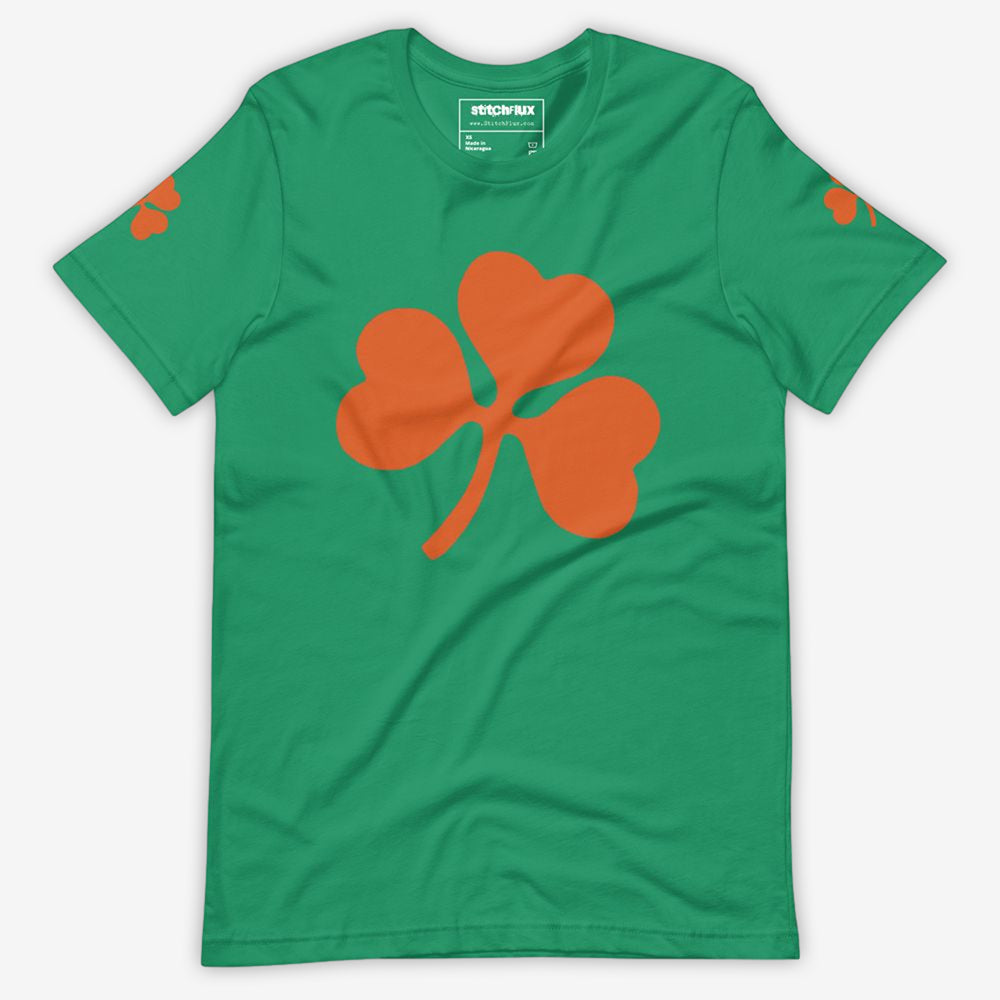 Flat lay of a green unisex clover T-shirt.