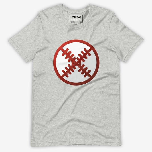 Heather grey unisex T-shirt with a bold red baseball stitch circle graphic on the front.