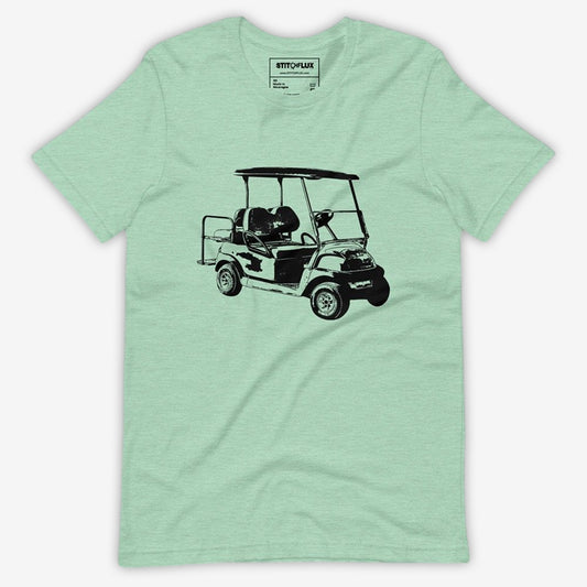 Front view of a light green unisex t-shirt with a black golf cart graphic, illustrating the casual yet stylish fit.