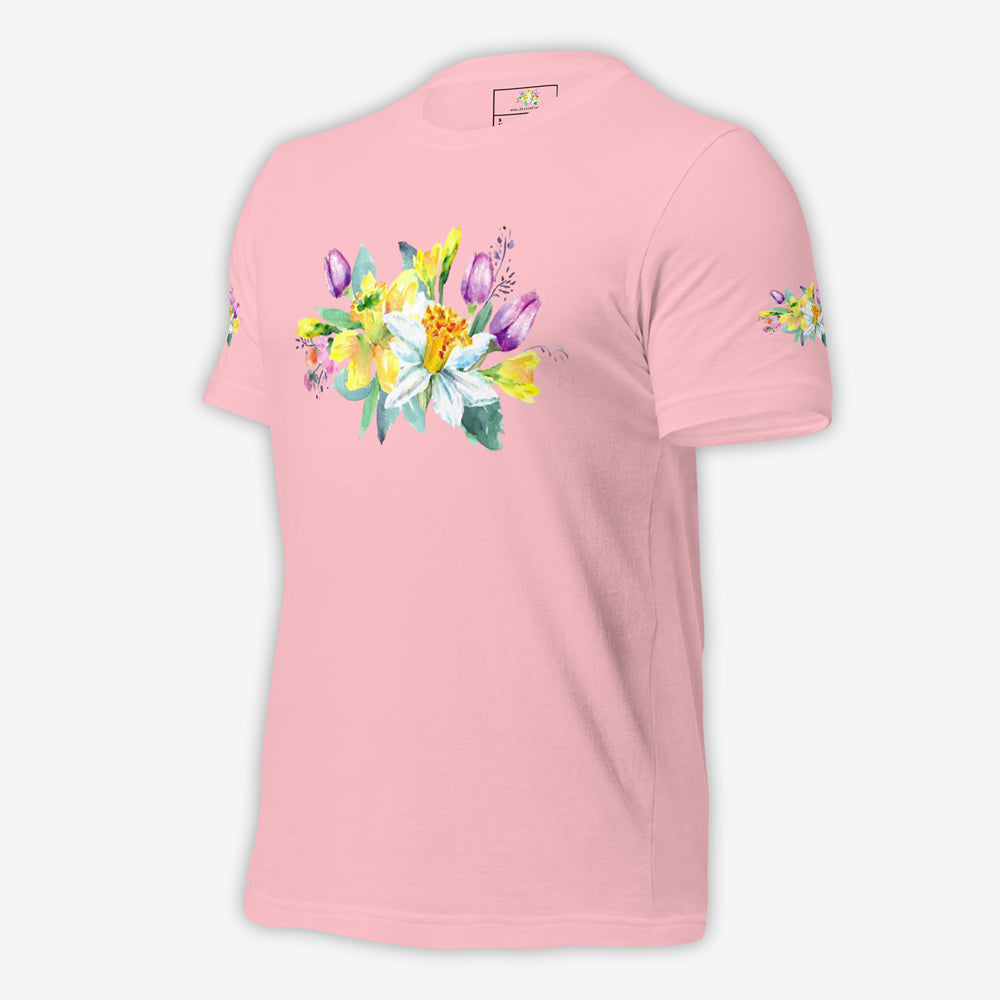 Soft Pink Unisex T-Shirt with Delicate Floral Accent – Front Left View