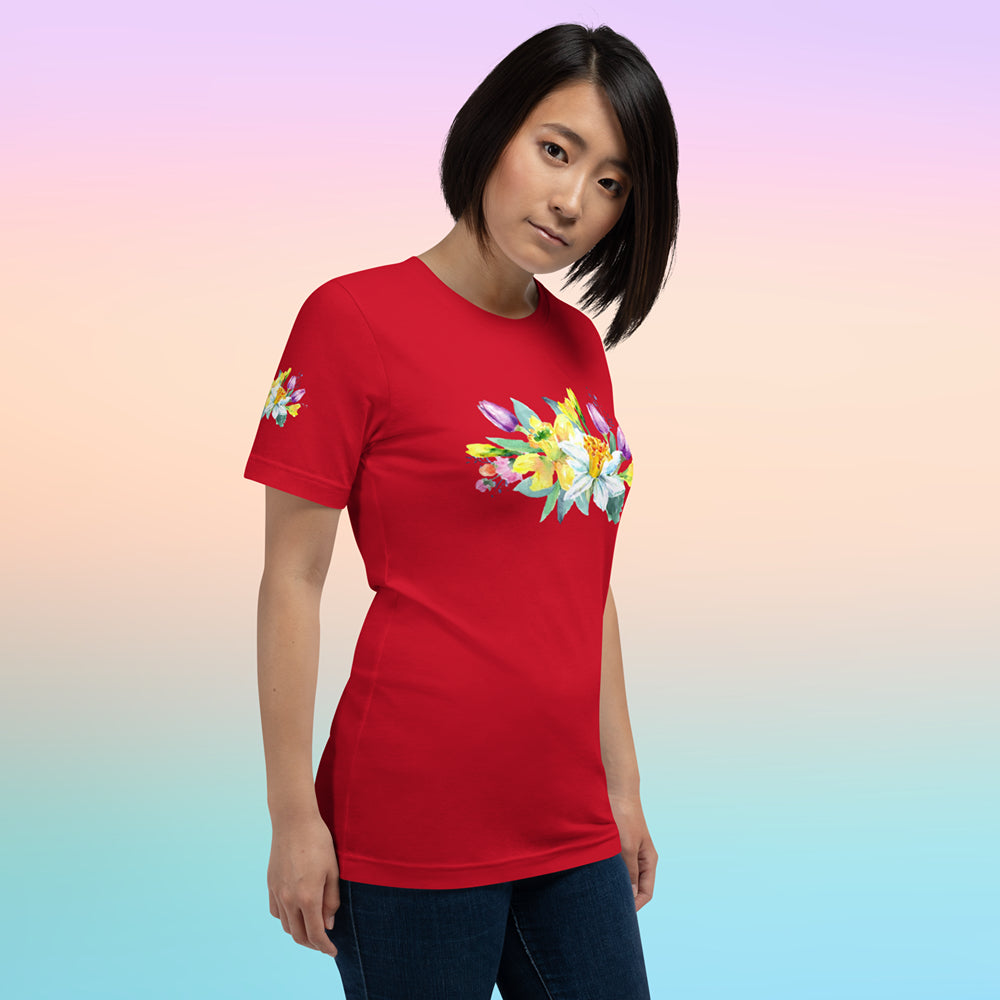 Woman Wearing Red Unisex T-Shirt with Floral Print – Front Right View