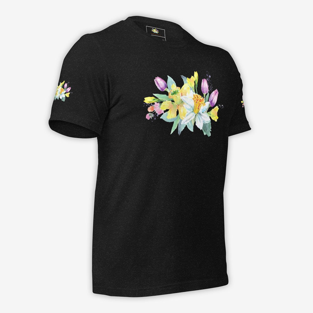 Classic Black Unisex T-Shirt with Artistic Flower Design – Front Right Ghosted