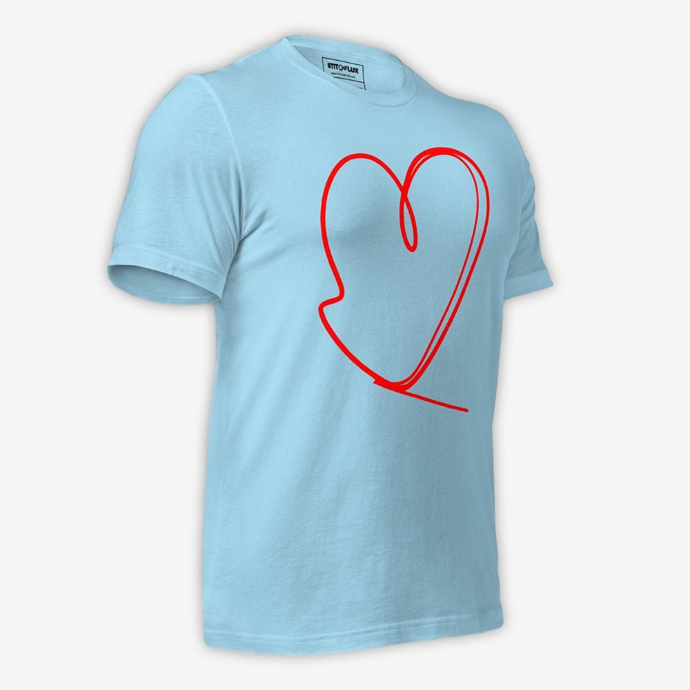 Three-dimensional mockup of a light blue T-shirt with a red heart knot design, showing the shirt's fit and drape.