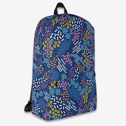 Right side view of the backpack displaying a side pocket and the continuation of the unique geometric pattern.