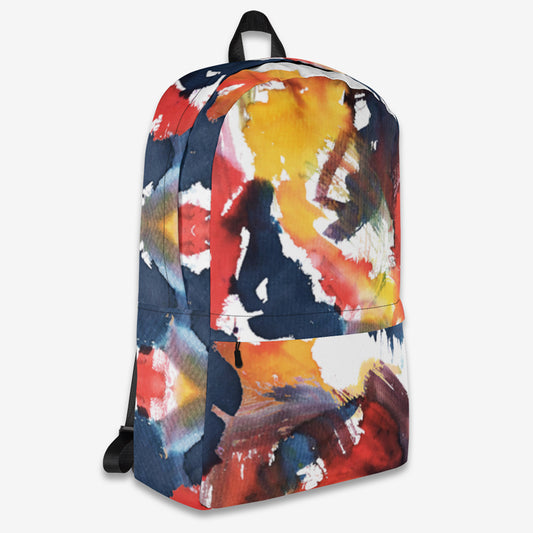 Alternate angle view of Color Splash Geo Backpack highlighting the abstract art print.
