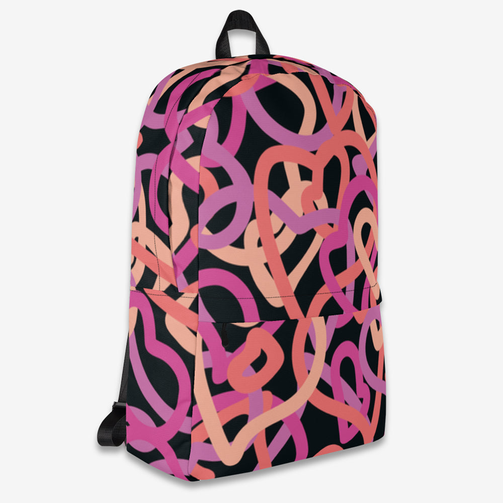 Bold heartline abstract design on right side of chic backpack