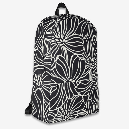 Black and white floral backpack angled view with a focus on the pattern