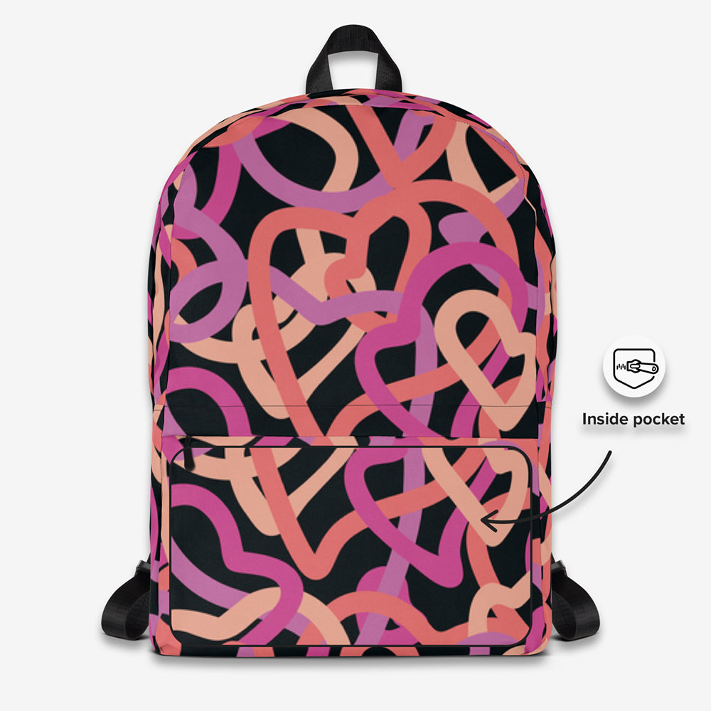 Full front view of abstract heartline patterned backpack with vibrant design