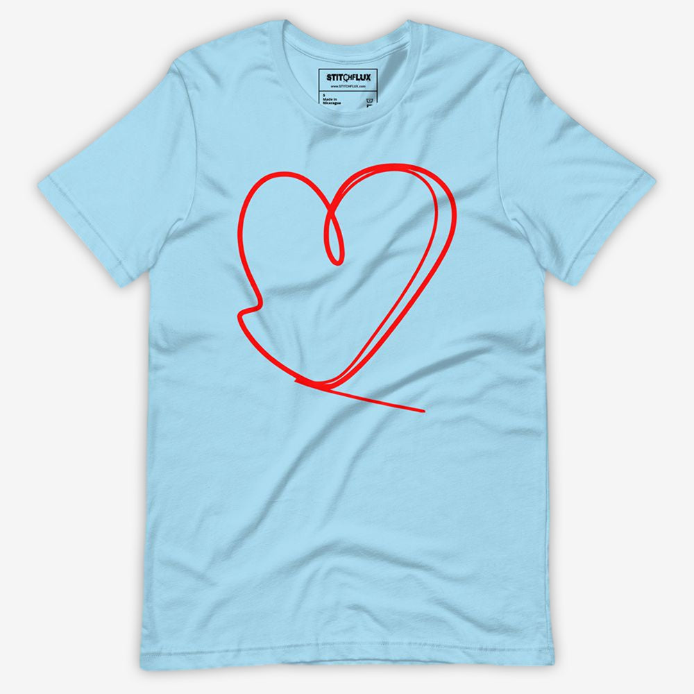 Light blue unisex t-shirt with red heart design on the front - product view with natural wrinkles.