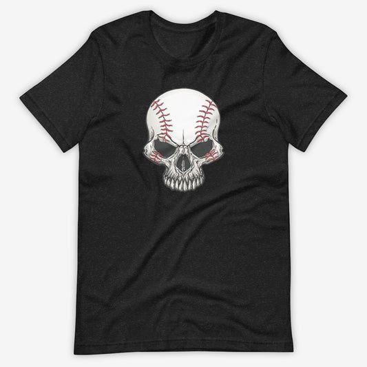 Black unisex T-shirt with white baseball skull design on the front.