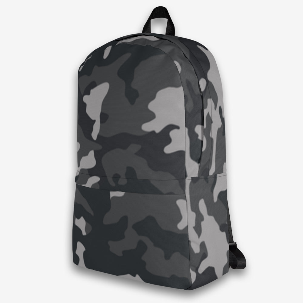 Side view of a gray and black camouflage all-over print backpack highlighting the side pockets.