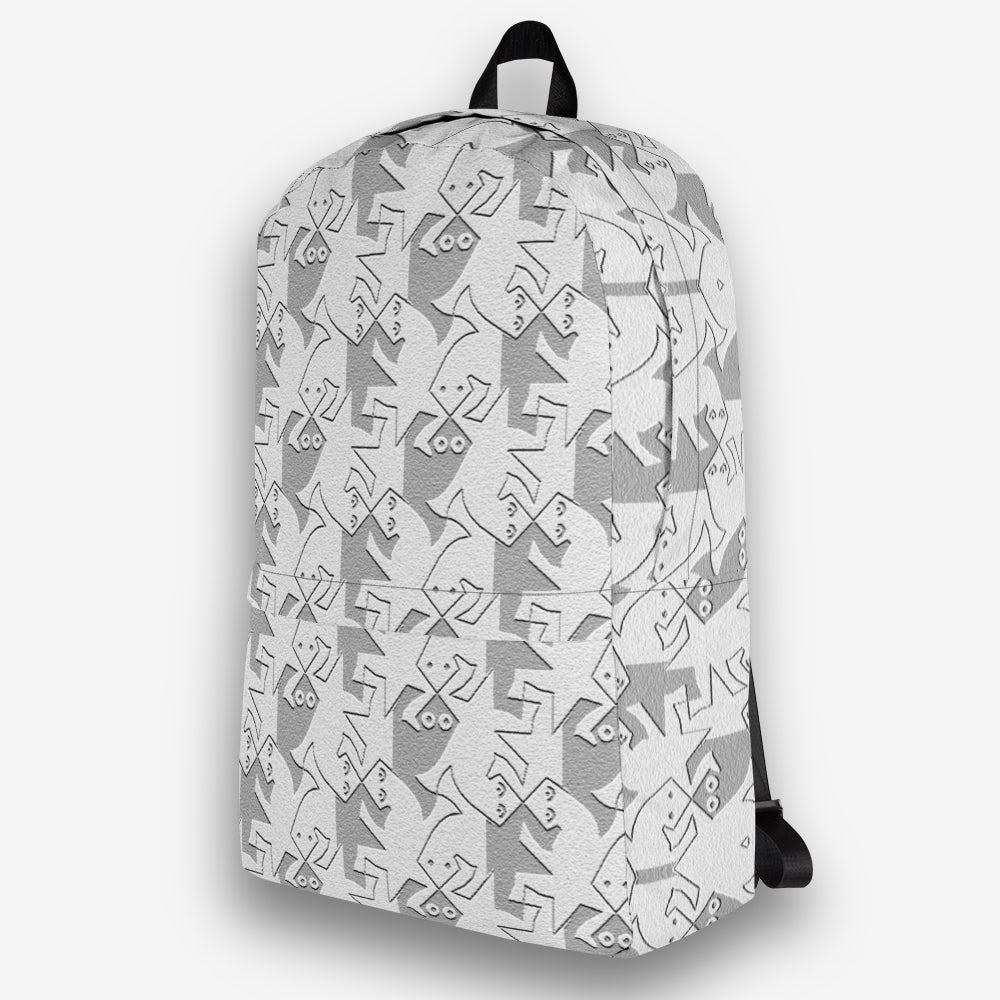 Left side view of a backpack with a black-and-white geometric pattern and a black zipper.