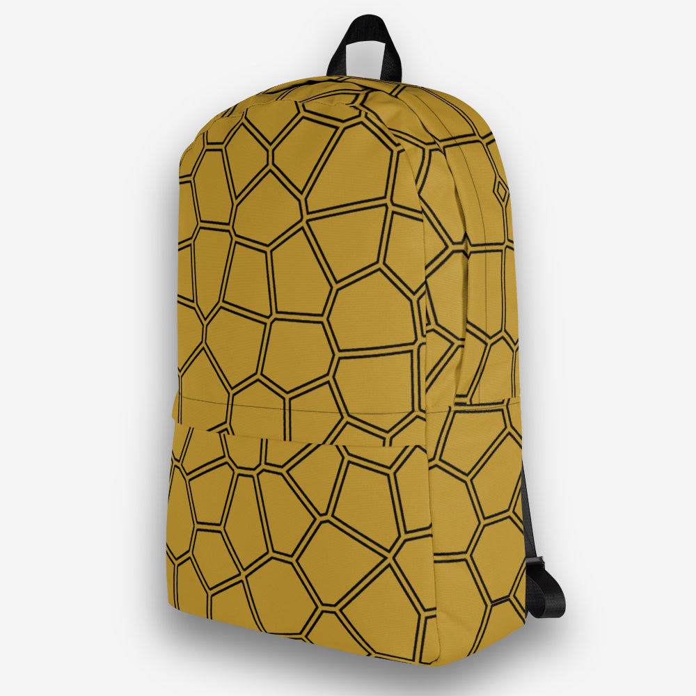 Side view of a yellow honeycomb pattern backpack with a visible side pocket and black zipper.