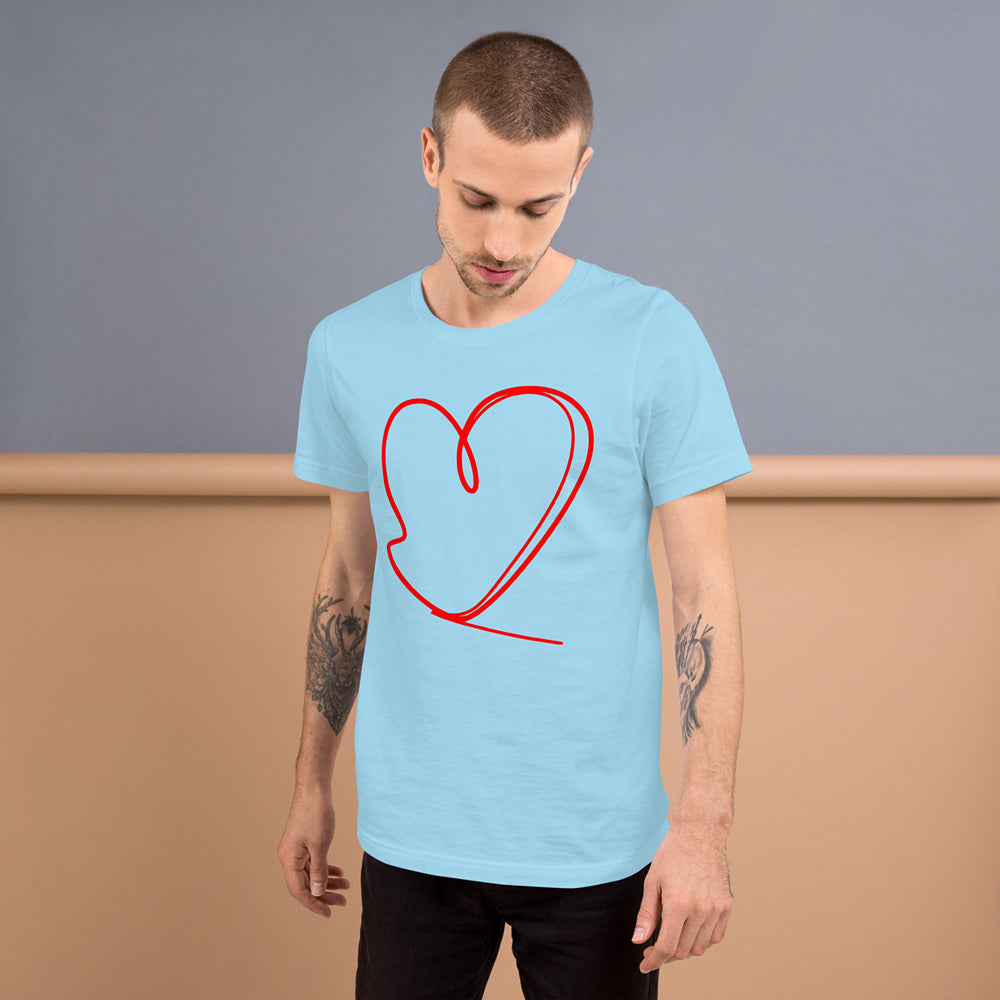 Rear view of male model in light blue unisex t-shirt with red heart design on the back - street style