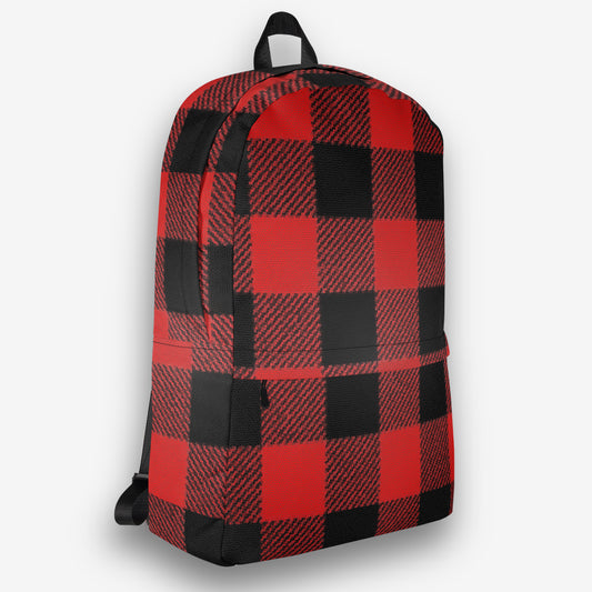 Right side view of a black and red plaid backpack with visible side pocket and adjustable straps.