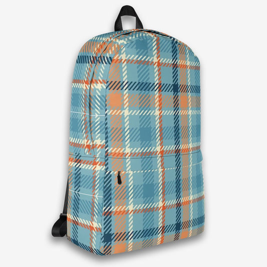 Three-quarter view of a checkered backpack, emphasizing the side profile and zippered compartments.