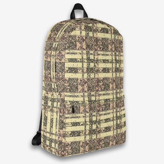 Angled view of a beige patterned backpack with a front pocket and sturdy zipper closures.